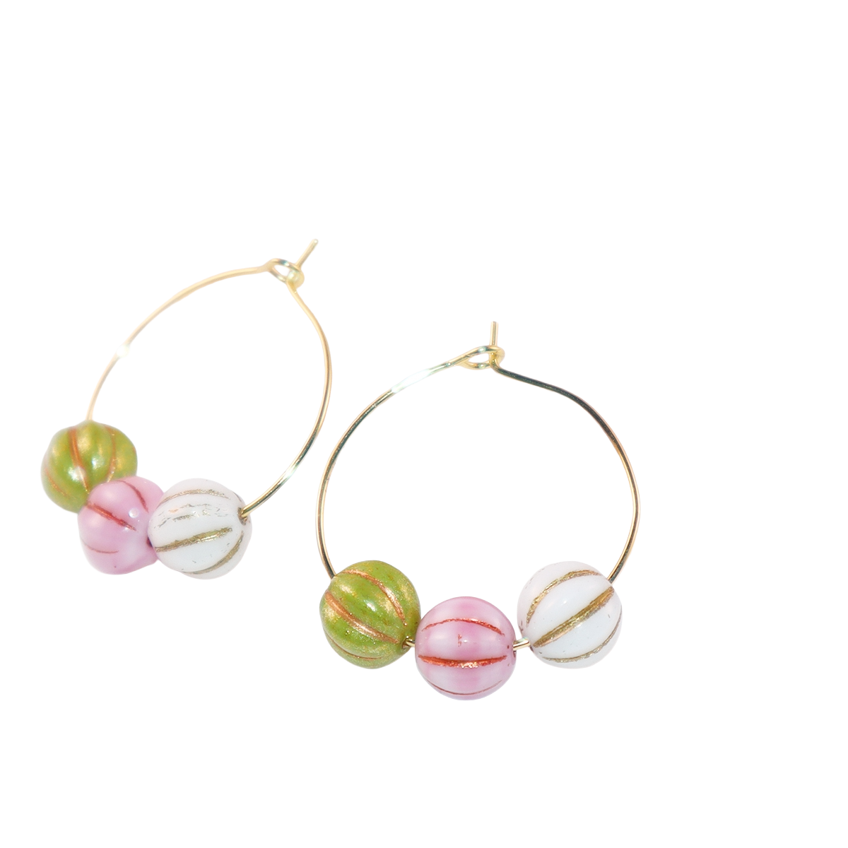 Trio Color Bead Hoop Earrings – Green, Pink, and White Beads