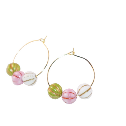 Trio Color Bead Hoop Earrings – Green, Pink, and White Beads