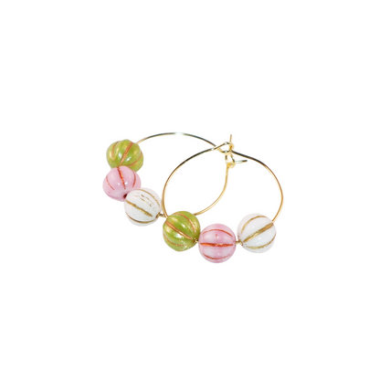 Trio Color Bead Hoop Earrings – Green, Pink, and White Beads