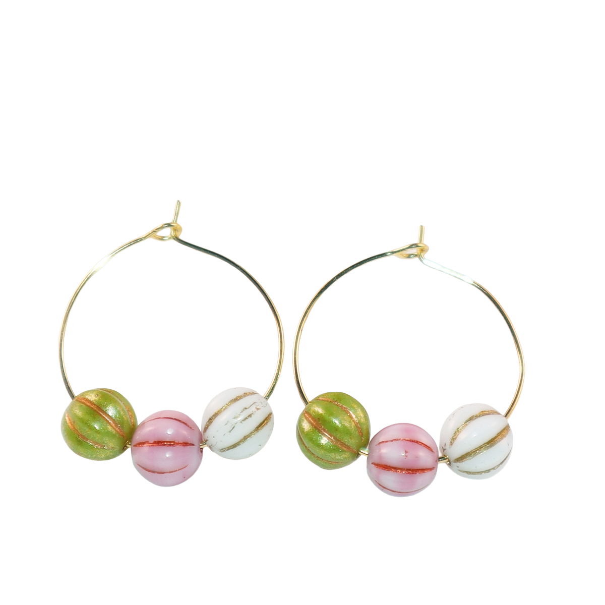 Trio Color Bead Hoop Earrings – Green, Pink, and White Beads