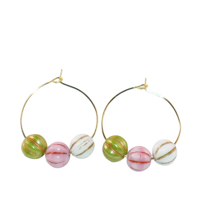 Trio Color Bead Hoop Earrings – Green, Pink, and White Beads