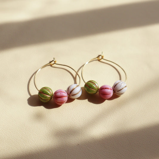 Trio Color Bead Hoop Earrings – Green, Pink, and White Beads