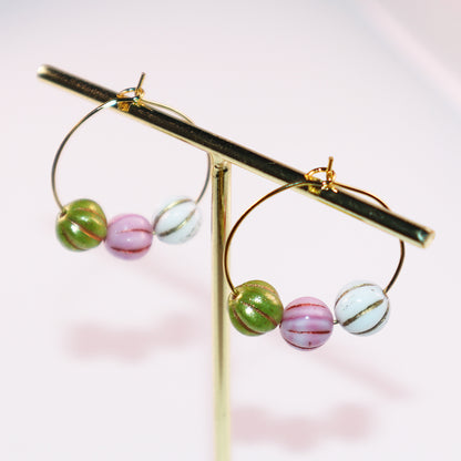 Trio Color Bead Hoop Earrings – Green, Pink, and White Beads