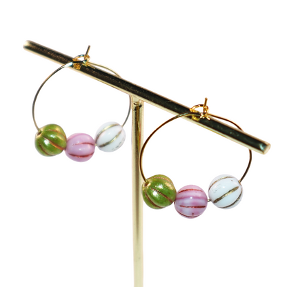 Trio Color Bead Hoop Earrings – Green, Pink, and White Beads