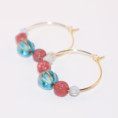 Vibrant Bead Hoop Earrings – Blue, Pink, and Sky Hues Beads
