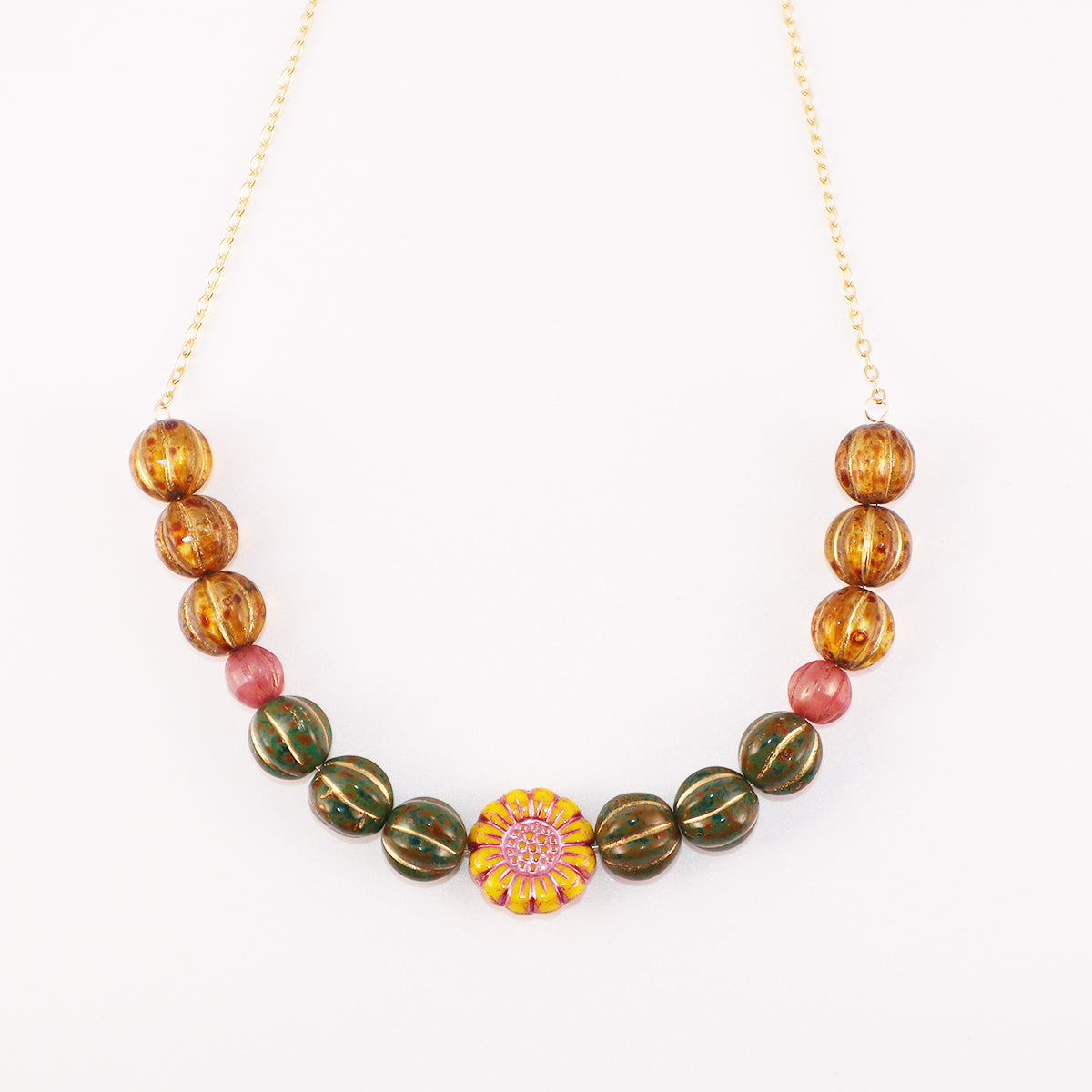 Vintage Yellow Flower Beaded Necklace – Green, Brown Beads