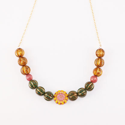 Vintage Yellow Flower Beaded Necklace – Green, Brown Beads