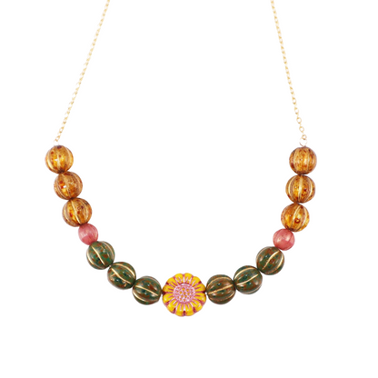 Vintage Yellow Flower Beaded Necklace – Green, Brown Beads