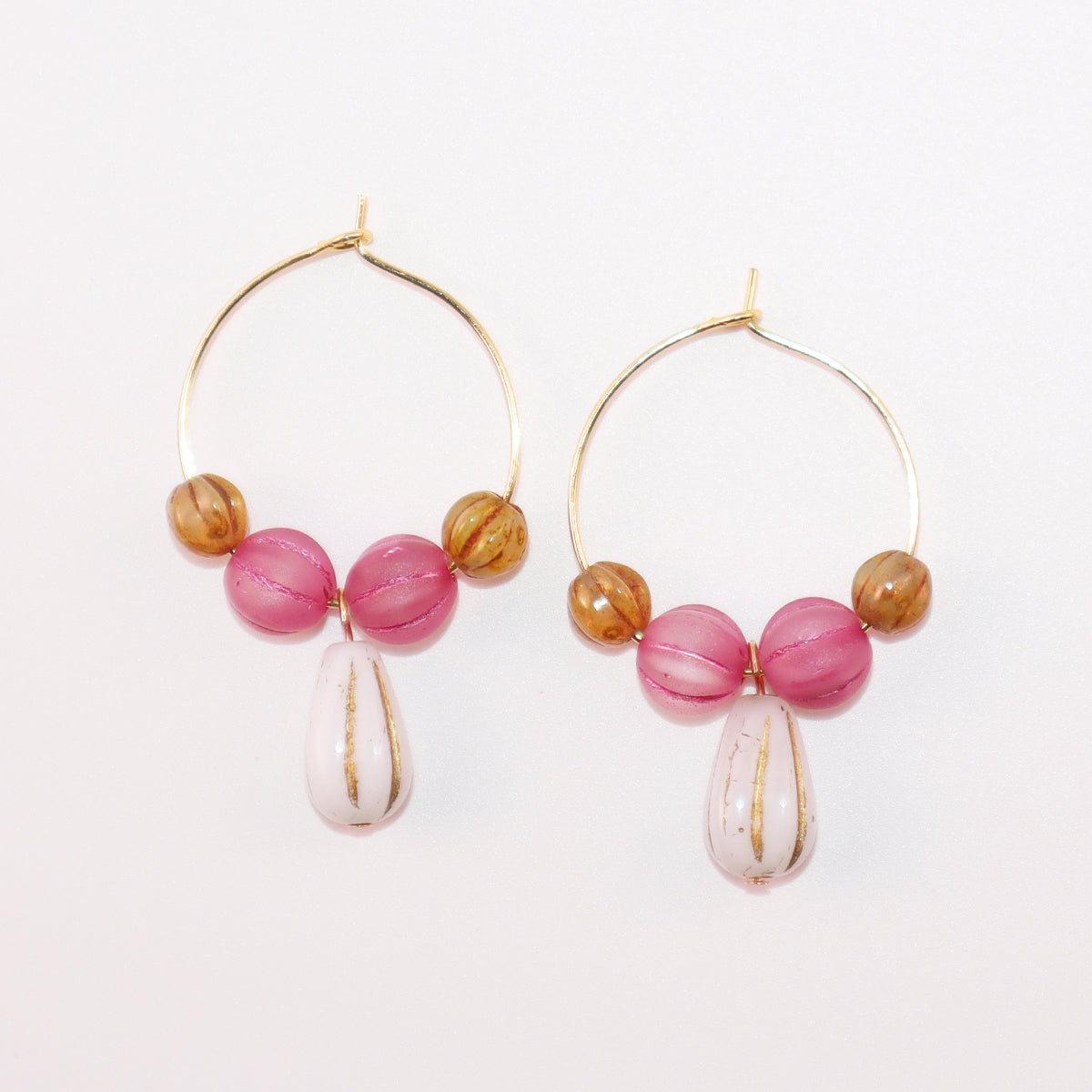 White Pendant Beaded Hoop Earrings – Pink and Brown Beads