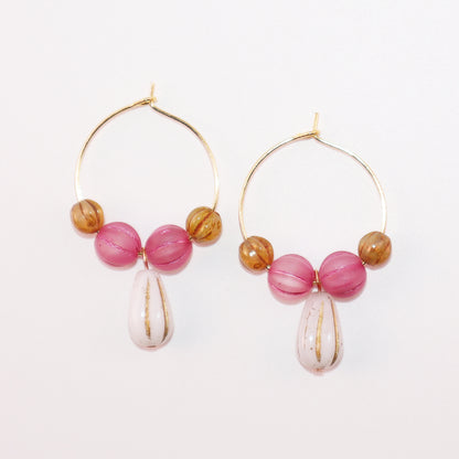 White Pendant Beaded Hoop Earrings – Pink and Brown Beads