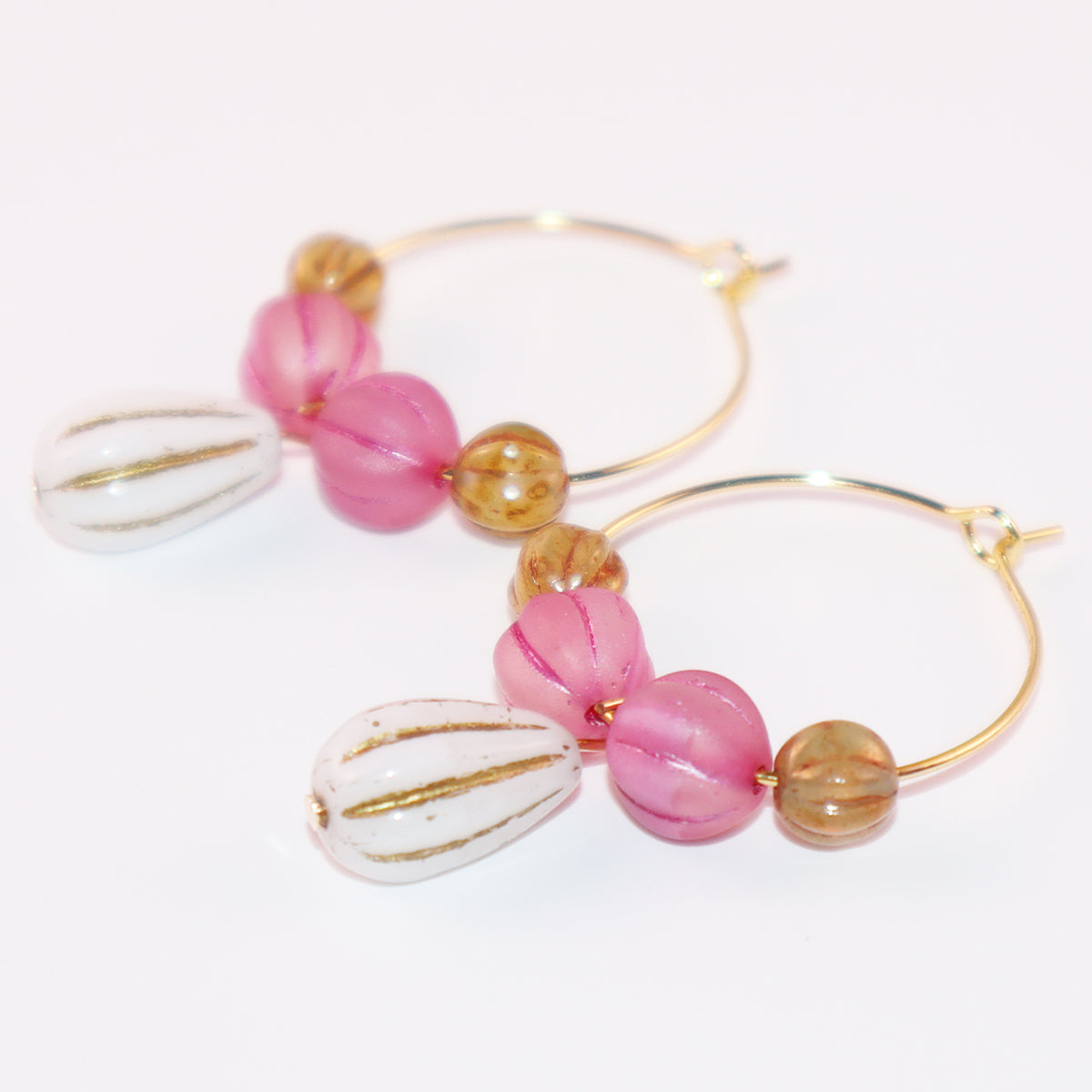 White Pendant Beaded Hoop Earrings – Pink and Brown Beads