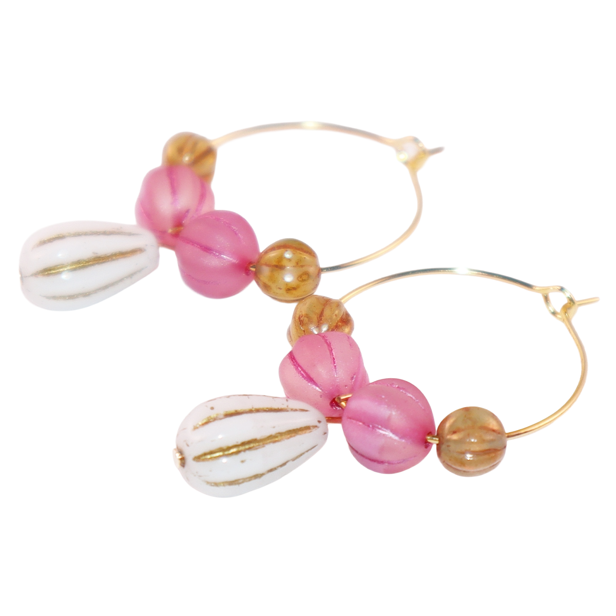 White Pendant Beaded Hoop Earrings – Pink and Brown Beads