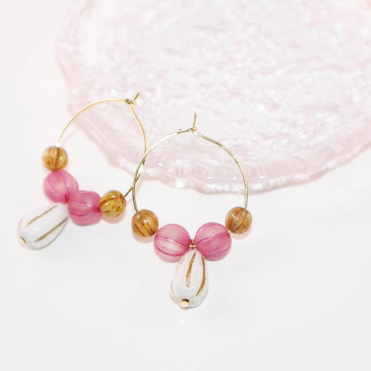 White Pendant Beaded Hoop Earrings – Pink and Brown Beads