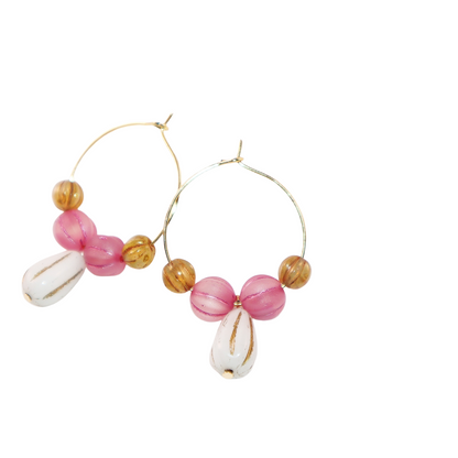White Pendant Beaded Hoop Earrings – Pink and Brown Beads