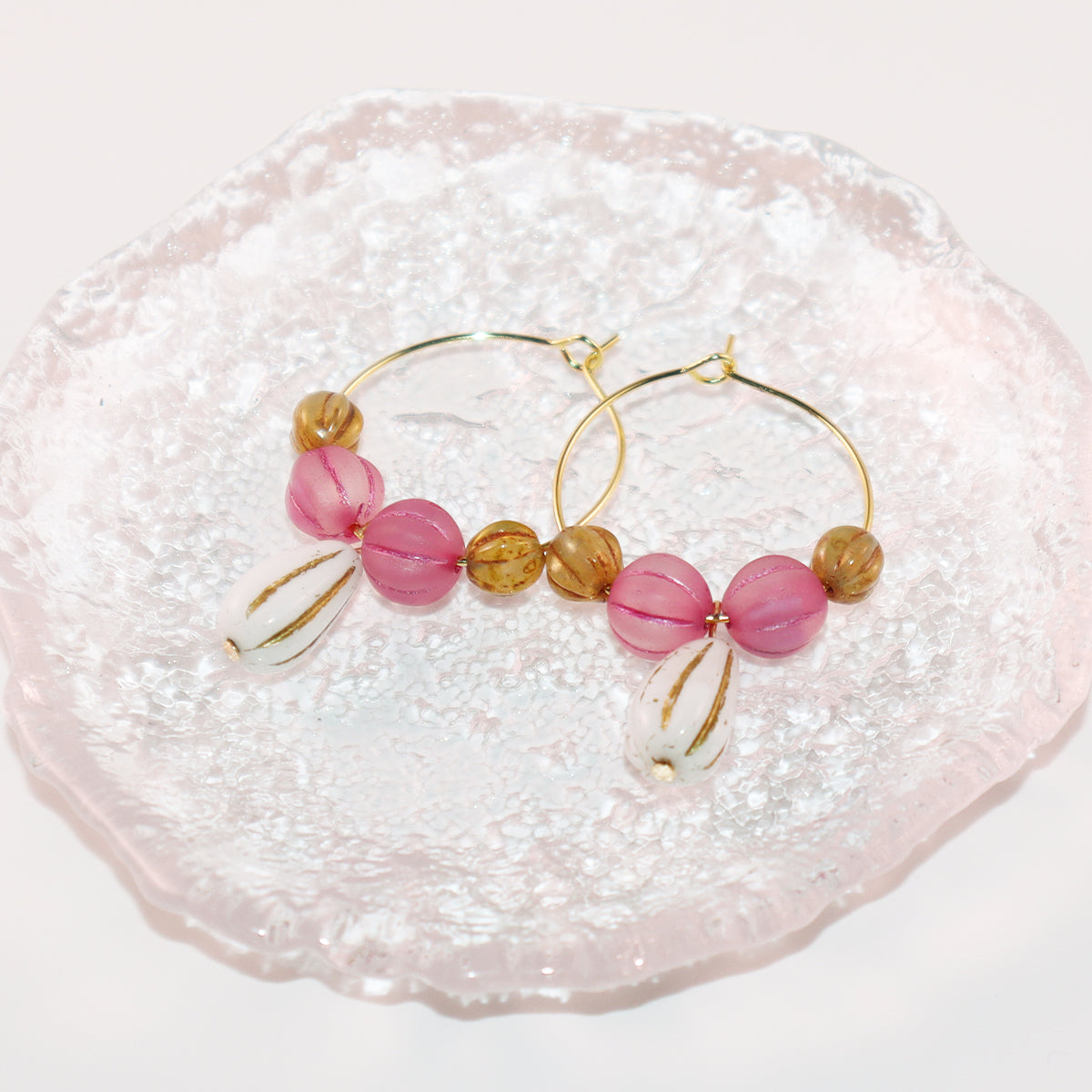 White Pendant Beaded Hoop Earrings – Pink and Brown Beads