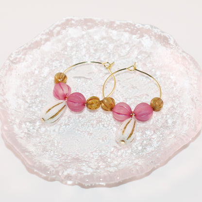 White Pendant Beaded Hoop Earrings – Pink and Brown Beads