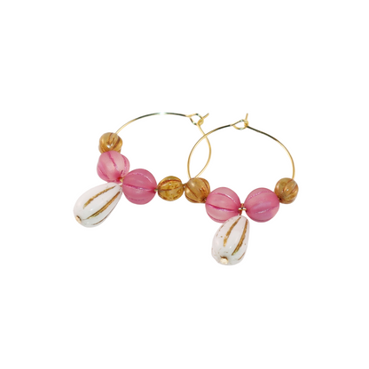 White Pendant Beaded Hoop Earrings – Pink and Brown Beads