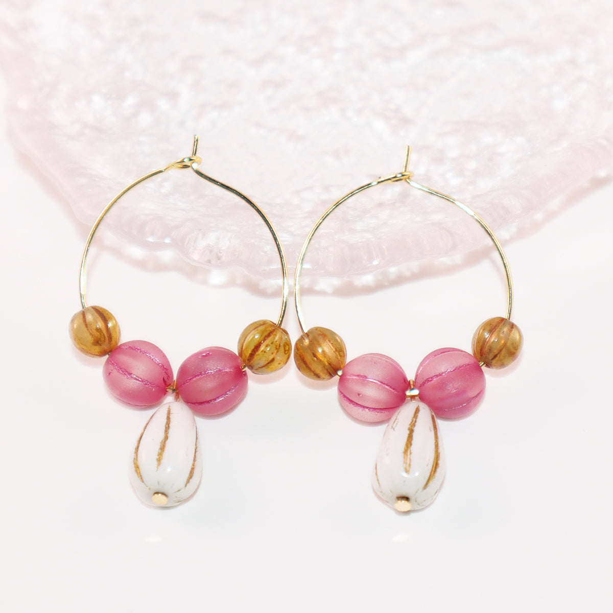 White Pendant Beaded Hoop Earrings – Pink and Brown Beads