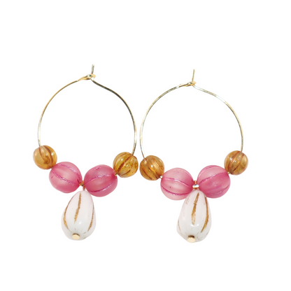 White Pendant Beaded Hoop Earrings – Pink and Brown Beads