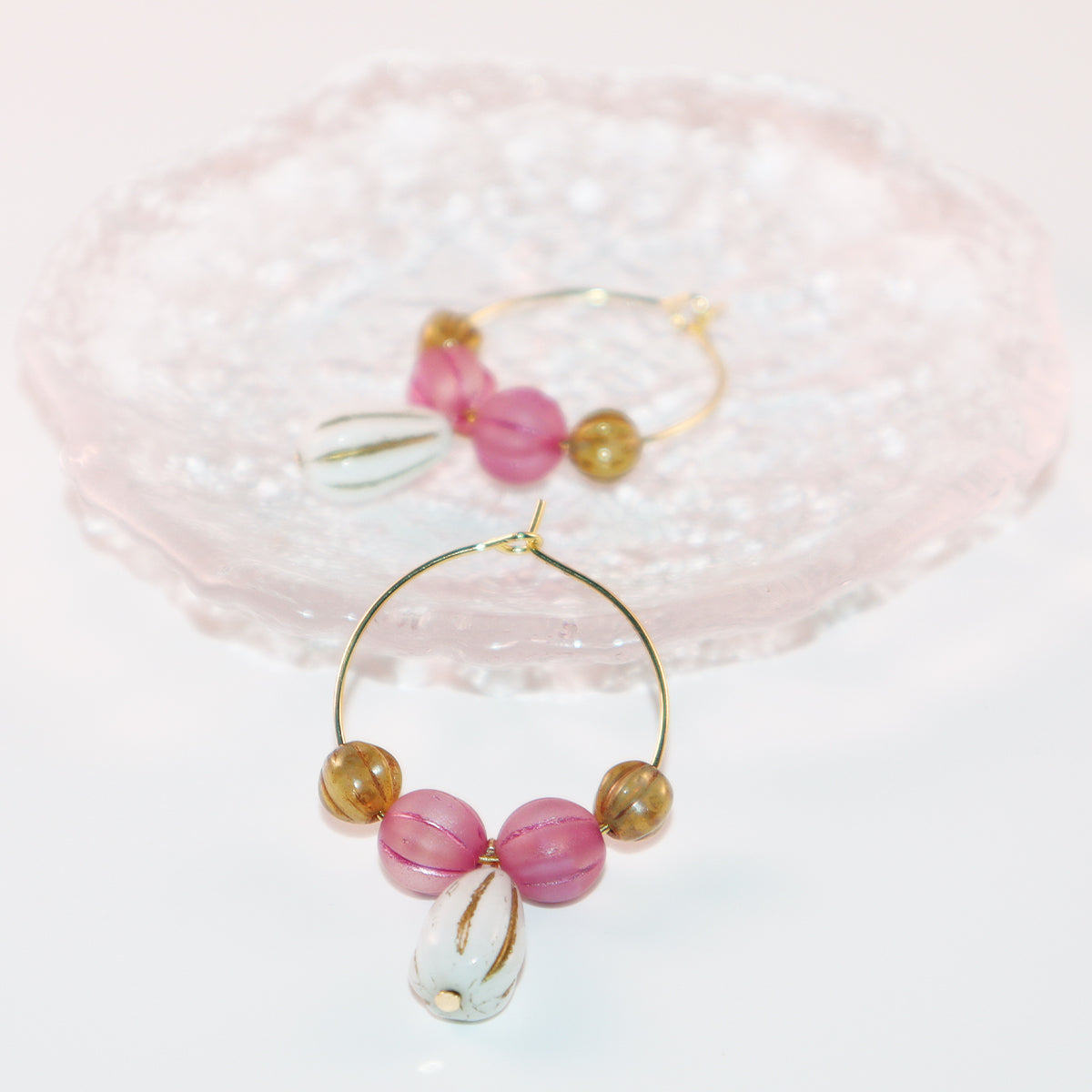 White Pendant Beaded Hoop Earrings – Pink and Brown Beads