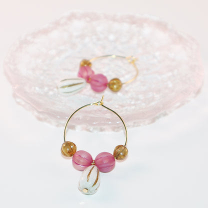 White Pendant Beaded Hoop Earrings – Pink and Brown Beads