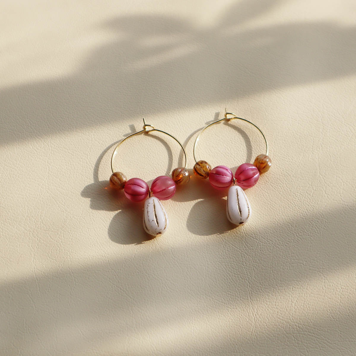 White Pendant Beaded Hoop Earrings – Pink and Brown Beads