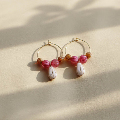 White Pendant Beaded Hoop Earrings – Pink and Brown Beads