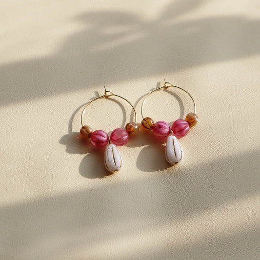 White Pendant Beaded Hoop Earrings – Pink and Brown Beads