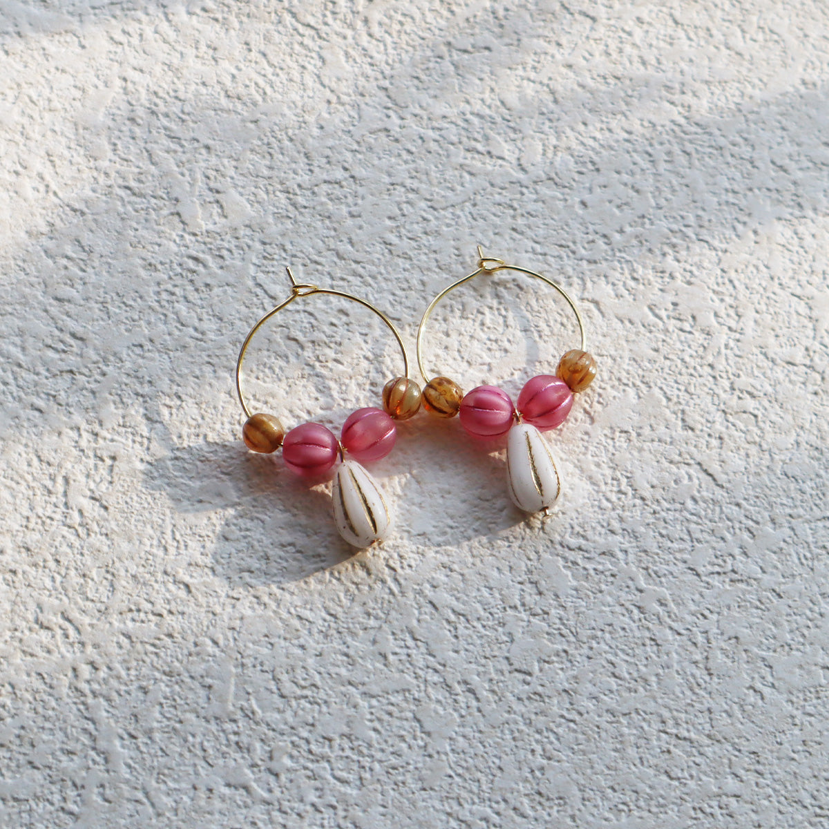 White Pendant Beaded Hoop Earrings – Pink and Brown Beads