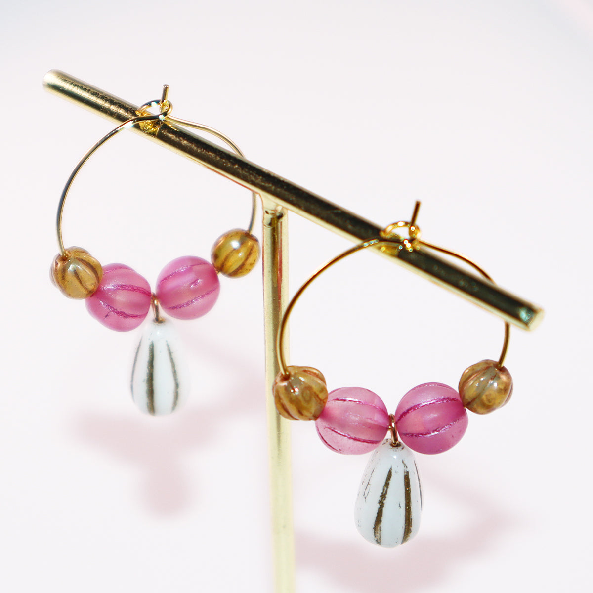 White Pendant Beaded Hoop Earrings – Pink and Brown Beads