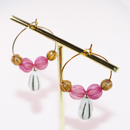 White Pendant Beaded Hoop Earrings – Pink and Brown Beads