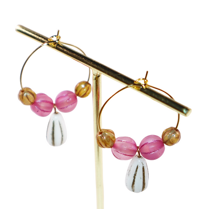 White Pendant Beaded Hoop Earrings – Pink and Brown Beads