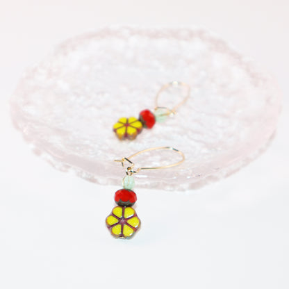 Yellow Flower Beaded Earrings –  Red and Mint Beads