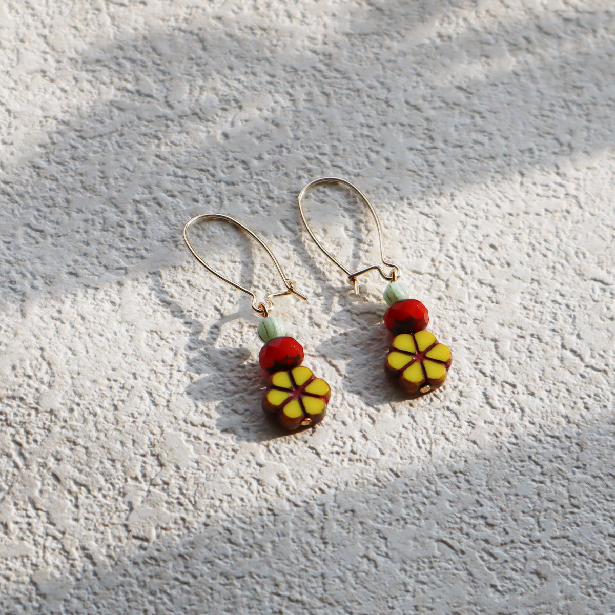Yellow Flower Beaded Earrings –  Red and Mint Beads