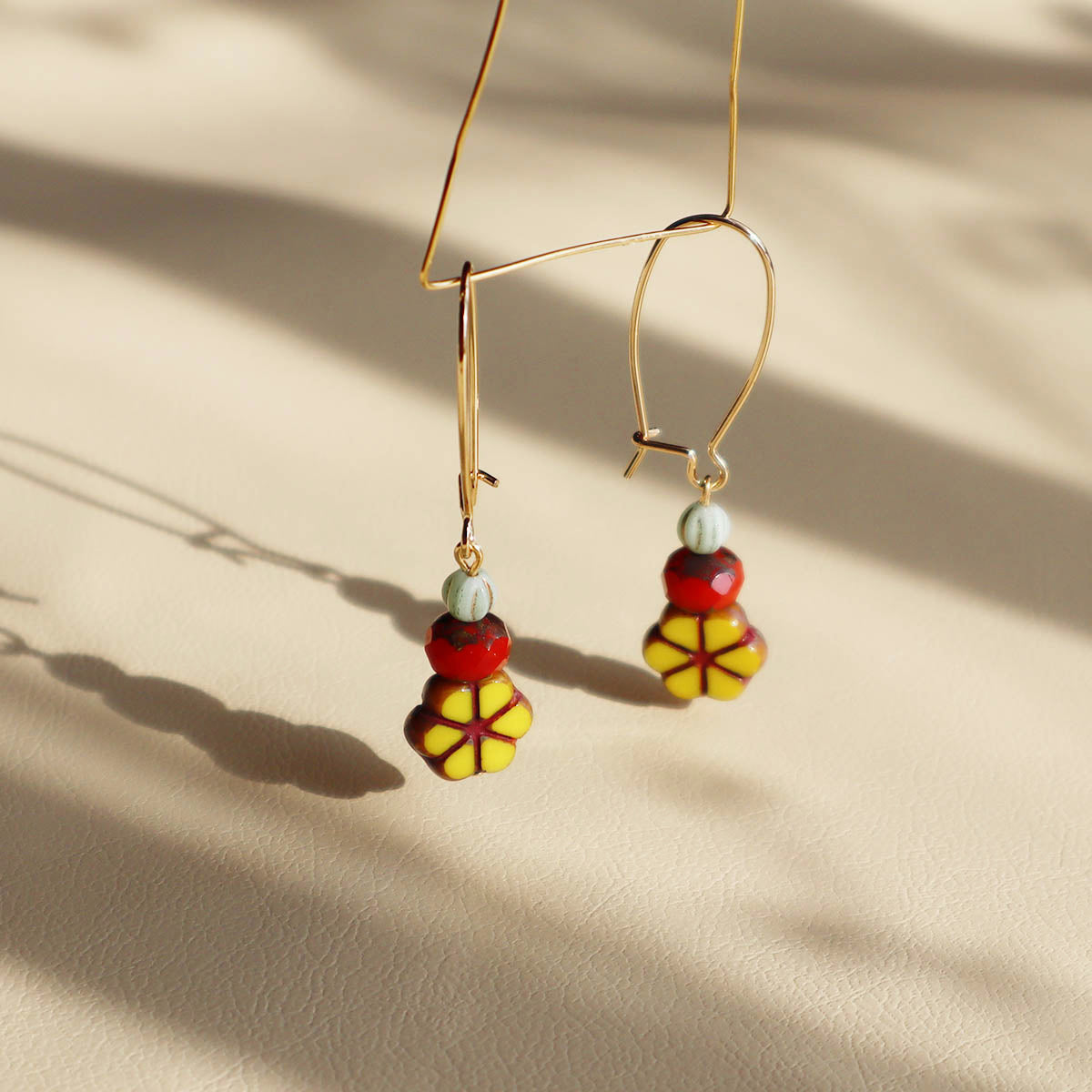 Yellow Flower Beaded Earrings –  Red and Mint Beads