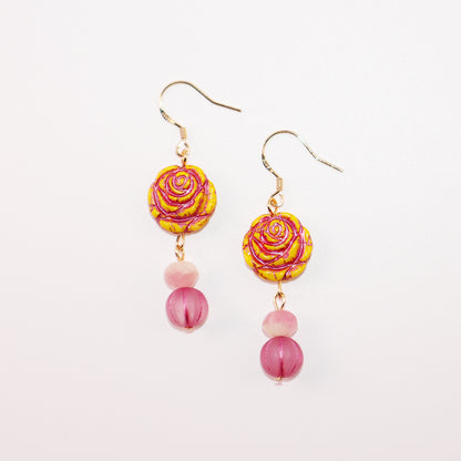 Yellow Rose Glass Bead Earrings – Yellow and Pink Beads