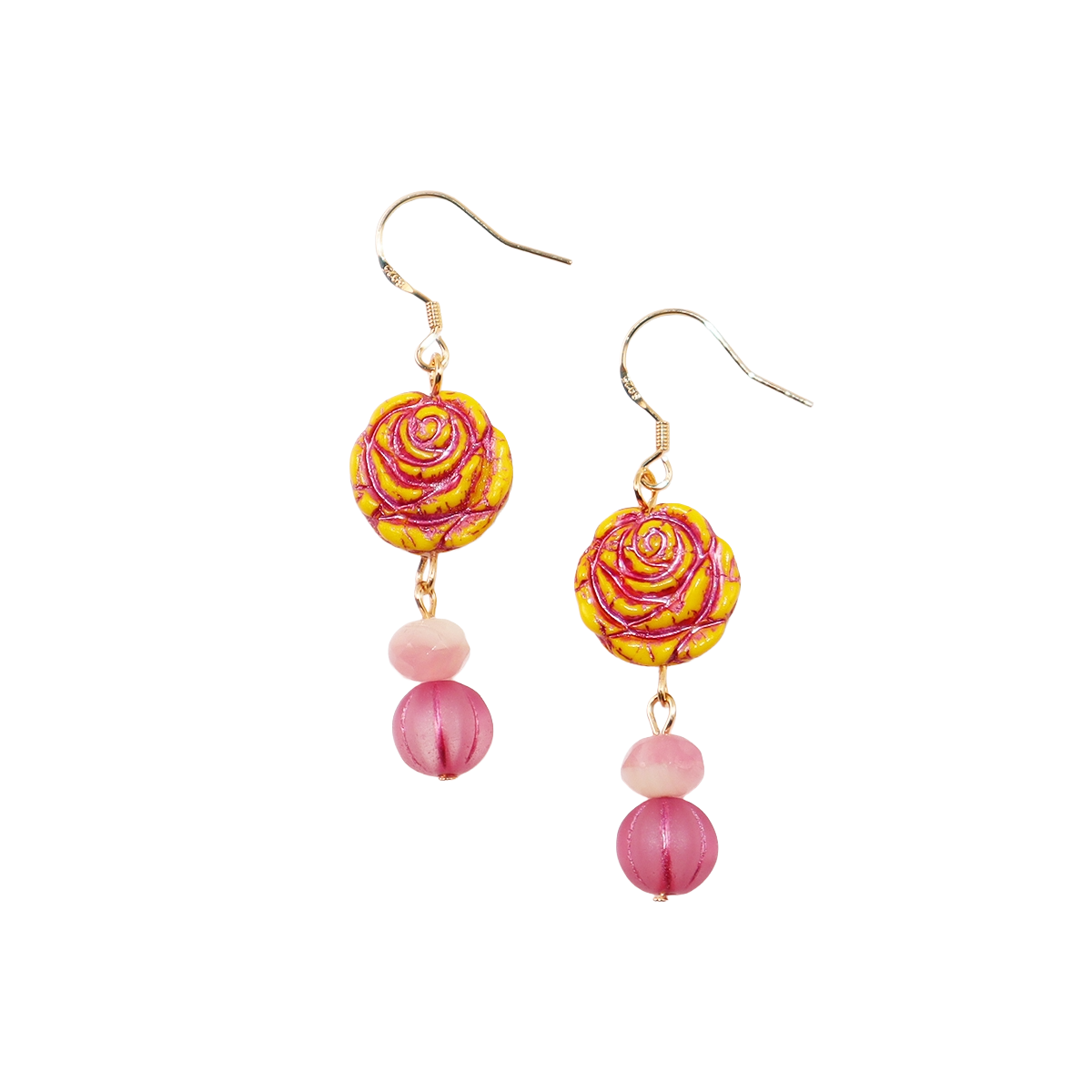 Yellow Rose Glass Bead Earrings – Yellow and Pink Beads