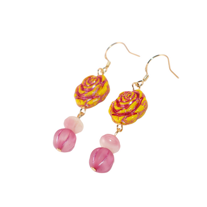 Yellow Rose Glass Bead Earrings – Yellow and Pink Beads