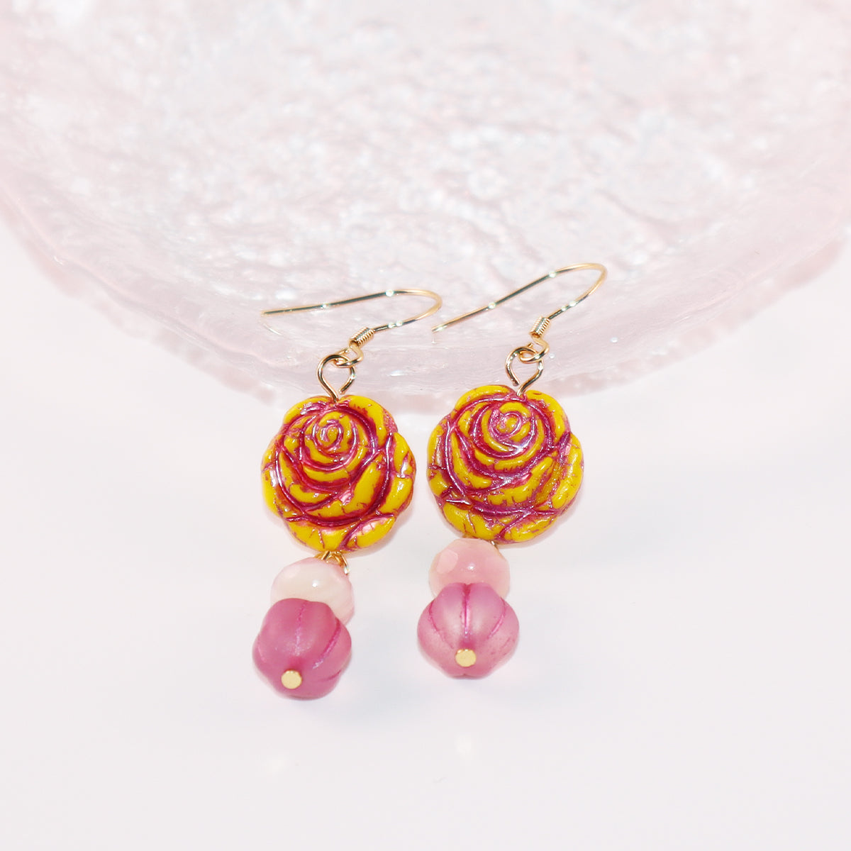 Yellow Rose Glass Bead Earrings – Yellow and Pink Beads