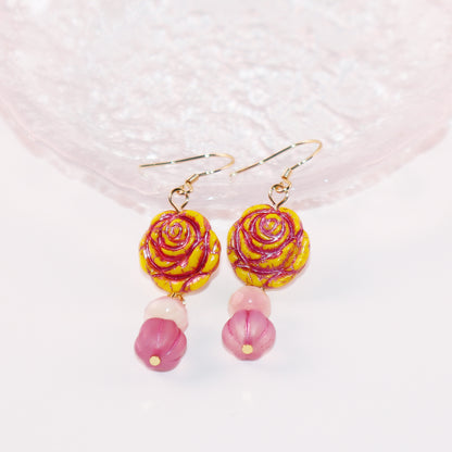 Yellow Rose Glass Bead Earrings – Yellow and Pink Beads