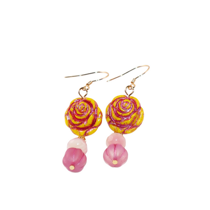 Yellow Rose Glass Bead Earrings – Yellow and Pink Beads