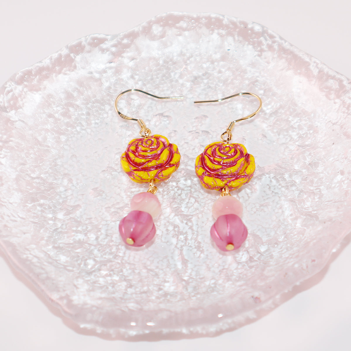 Yellow Rose Glass Bead Earrings – Yellow and Pink Beads