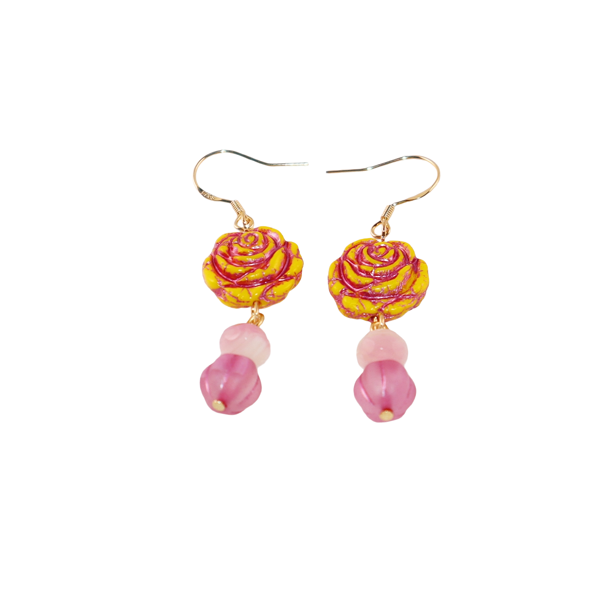 Yellow Rose Glass Bead Earrings – Yellow and Pink Beads