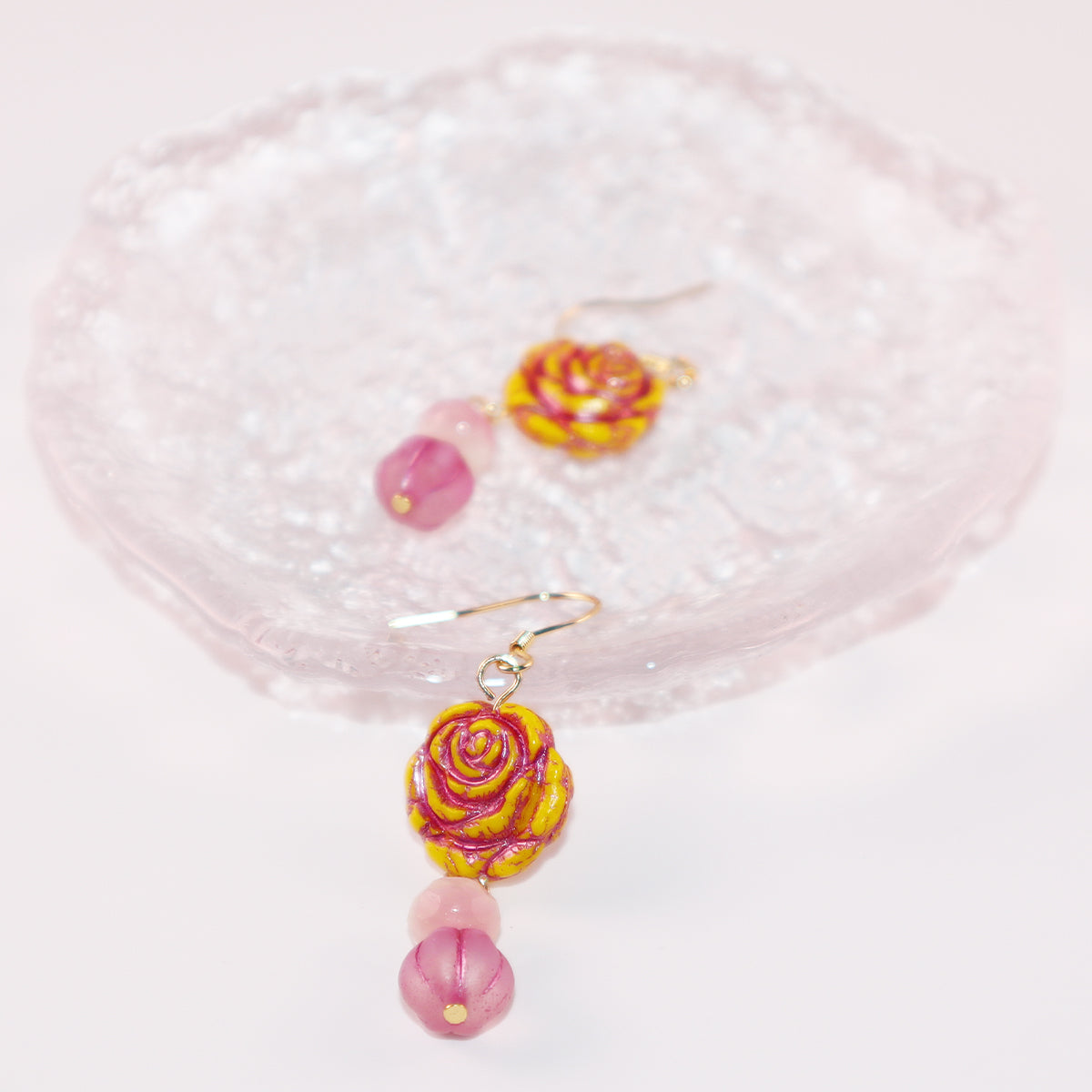 Yellow Rose Glass Bead Earrings – Yellow and Pink Beads