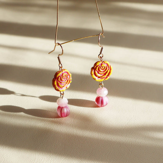 Yellow Rose Glass Bead Earrings – Yellow and Pink Beads