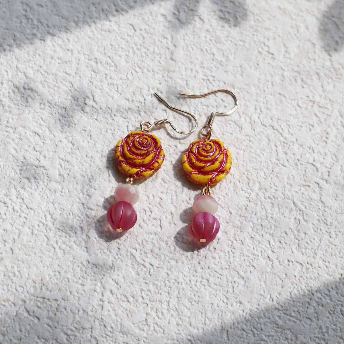 Yellow Rose Glass Bead Earrings – Yellow and Pink Beads