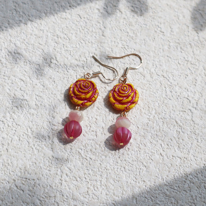 Yellow Rose Glass Bead Earrings – Yellow and Pink Beads