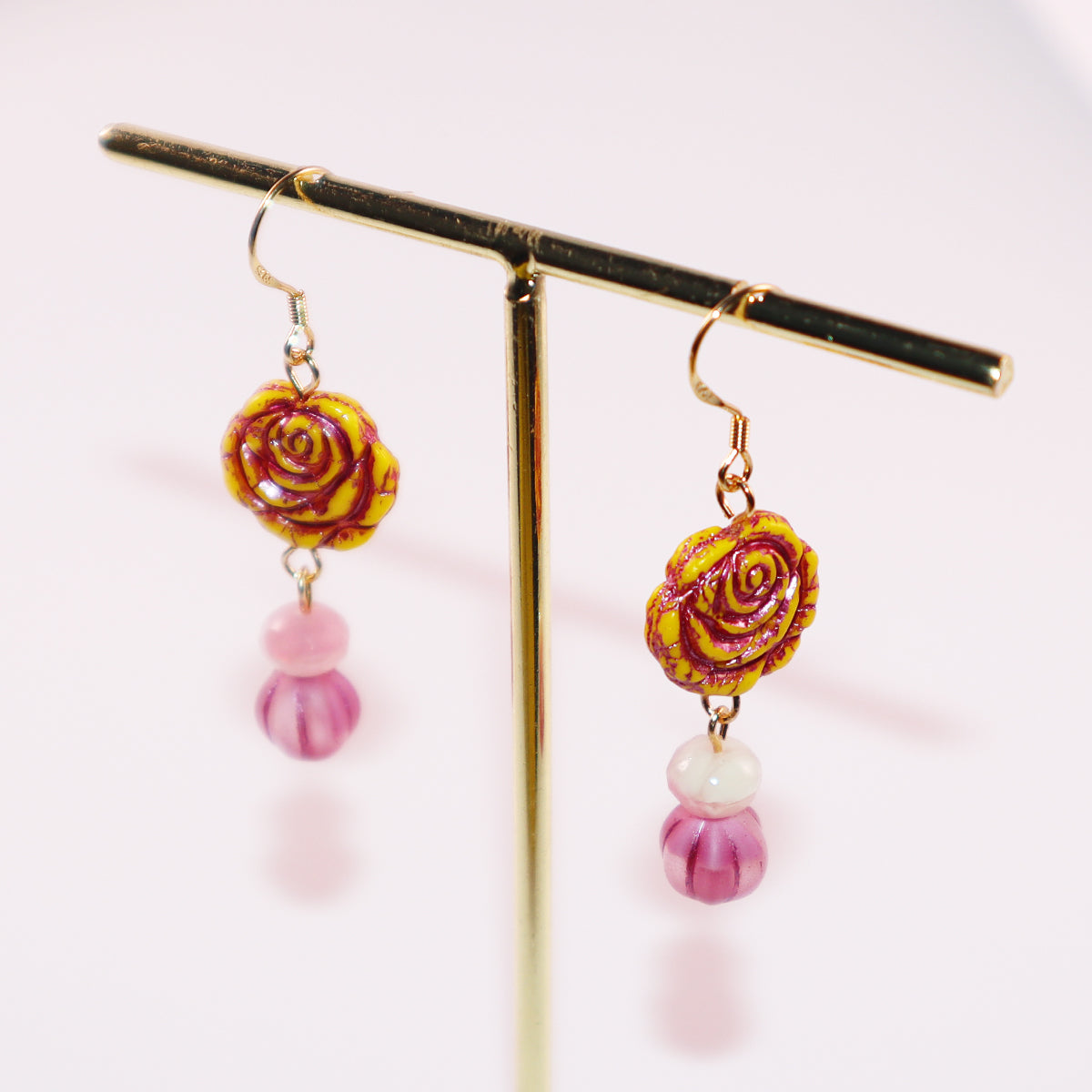 Yellow Rose Glass Bead Earrings – Yellow and Pink Beads