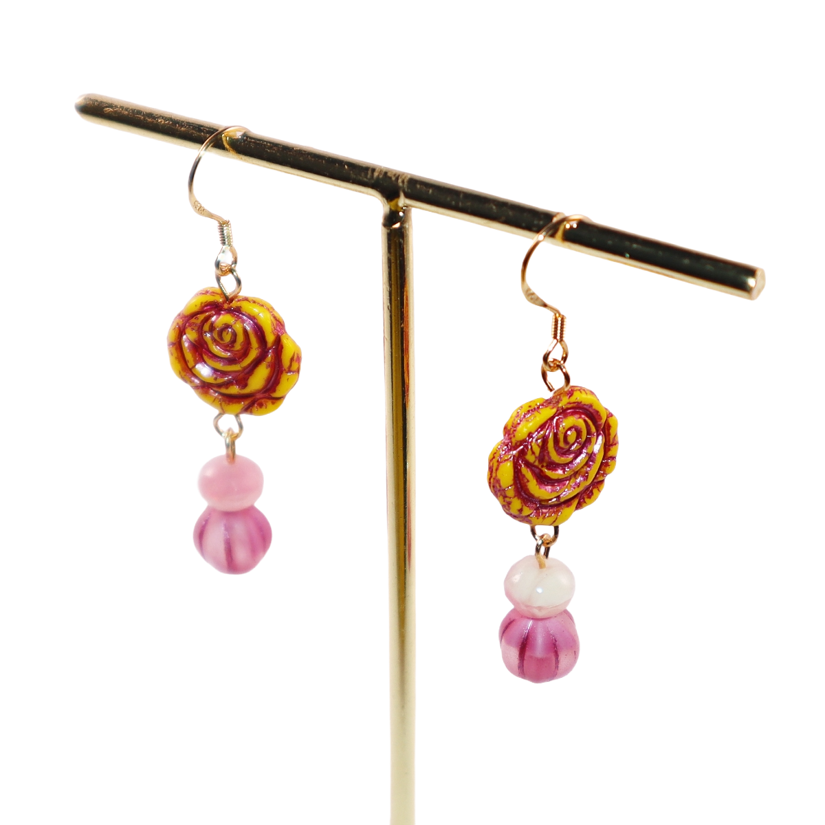 Yellow Rose Glass Bead Earrings – Yellow and Pink Beads