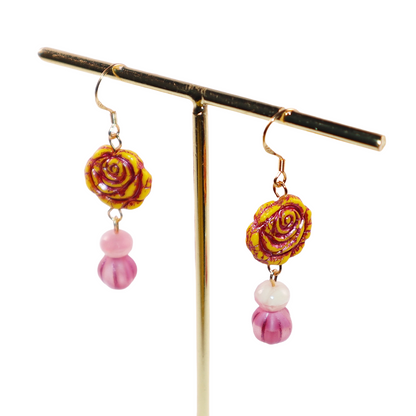 Yellow Rose Glass Bead Earrings – Yellow and Pink Beads